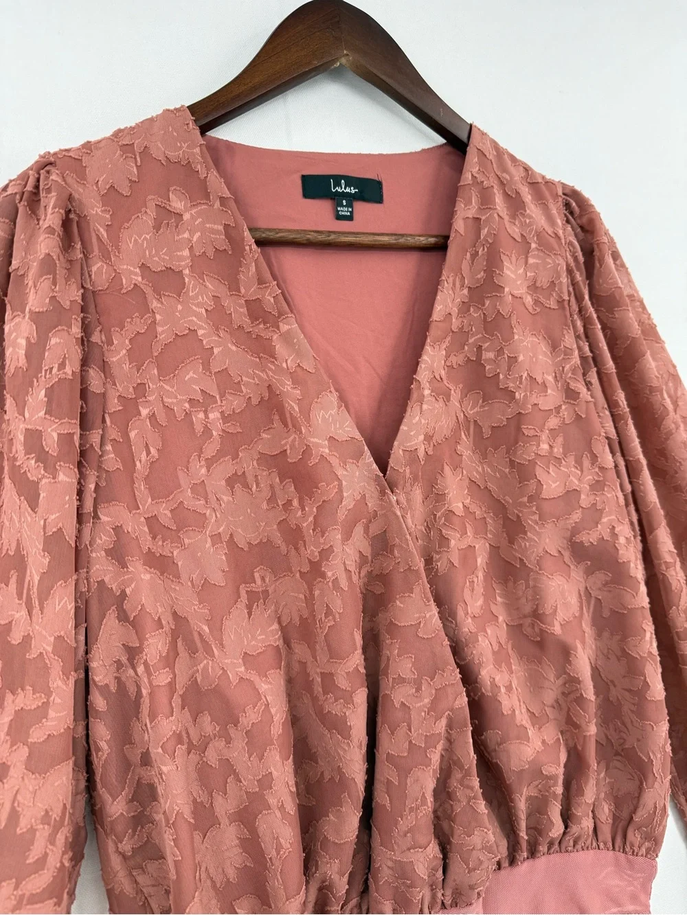 Lulu's Floral Lace Sheer Bodysuit Dusty Rose Pink Long Sleeve Puff Size S